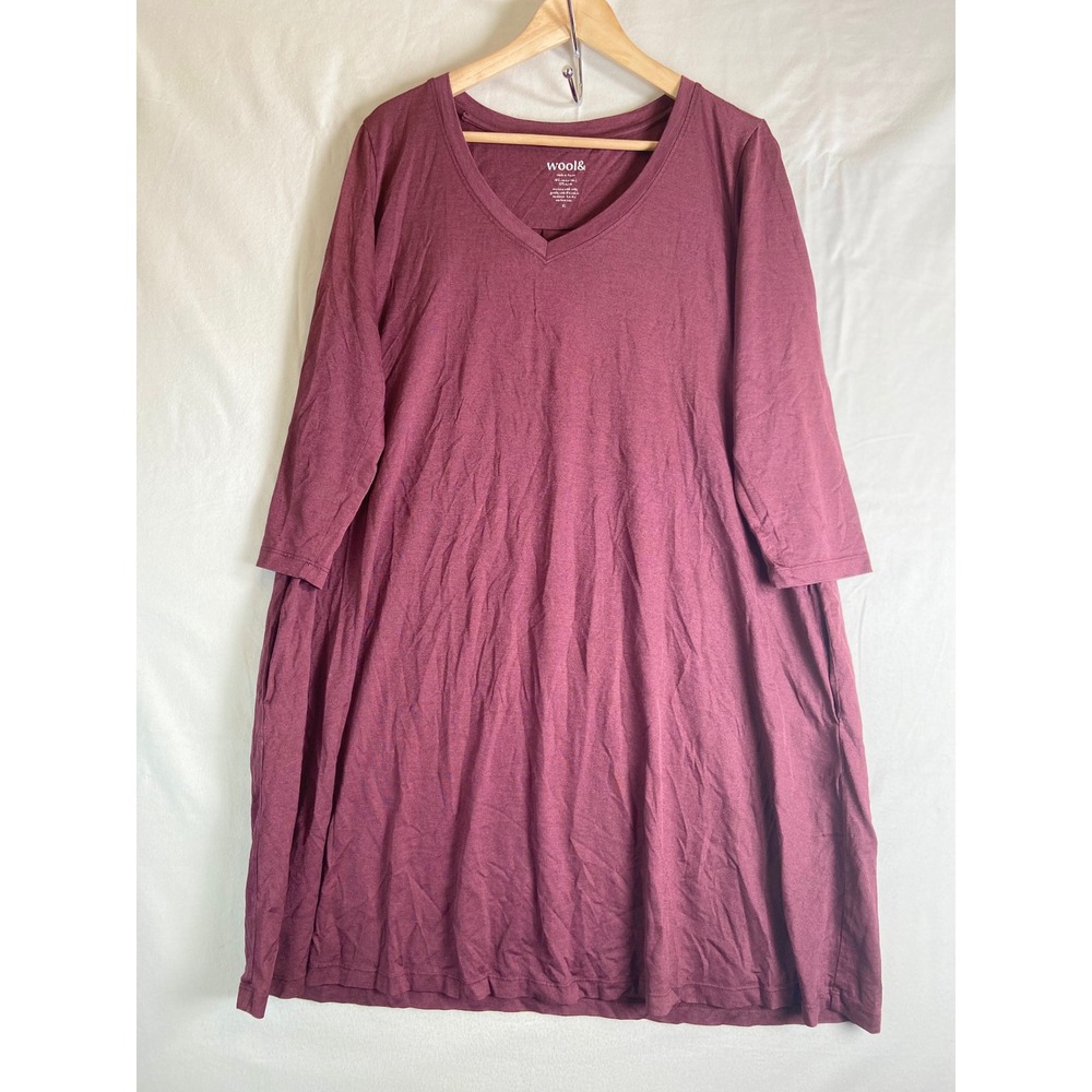 Wool& Merino Wool Blend V Neck Dress XL Burgundy Pockets Travel Minimalist